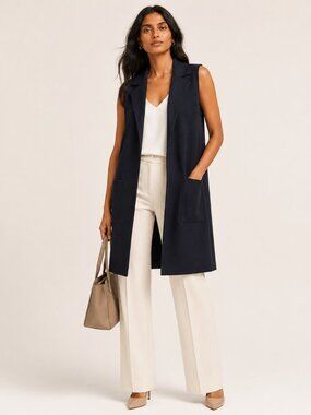 Charter Club Sleeveless Duster Womens M Navy Blue Textured Open Front NWOT